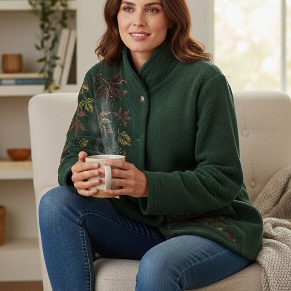 Bob Mackie Wearable Art Green Autumn Leaf Velour Shacket Coat Women's SZ LG - Picture 1 of 9